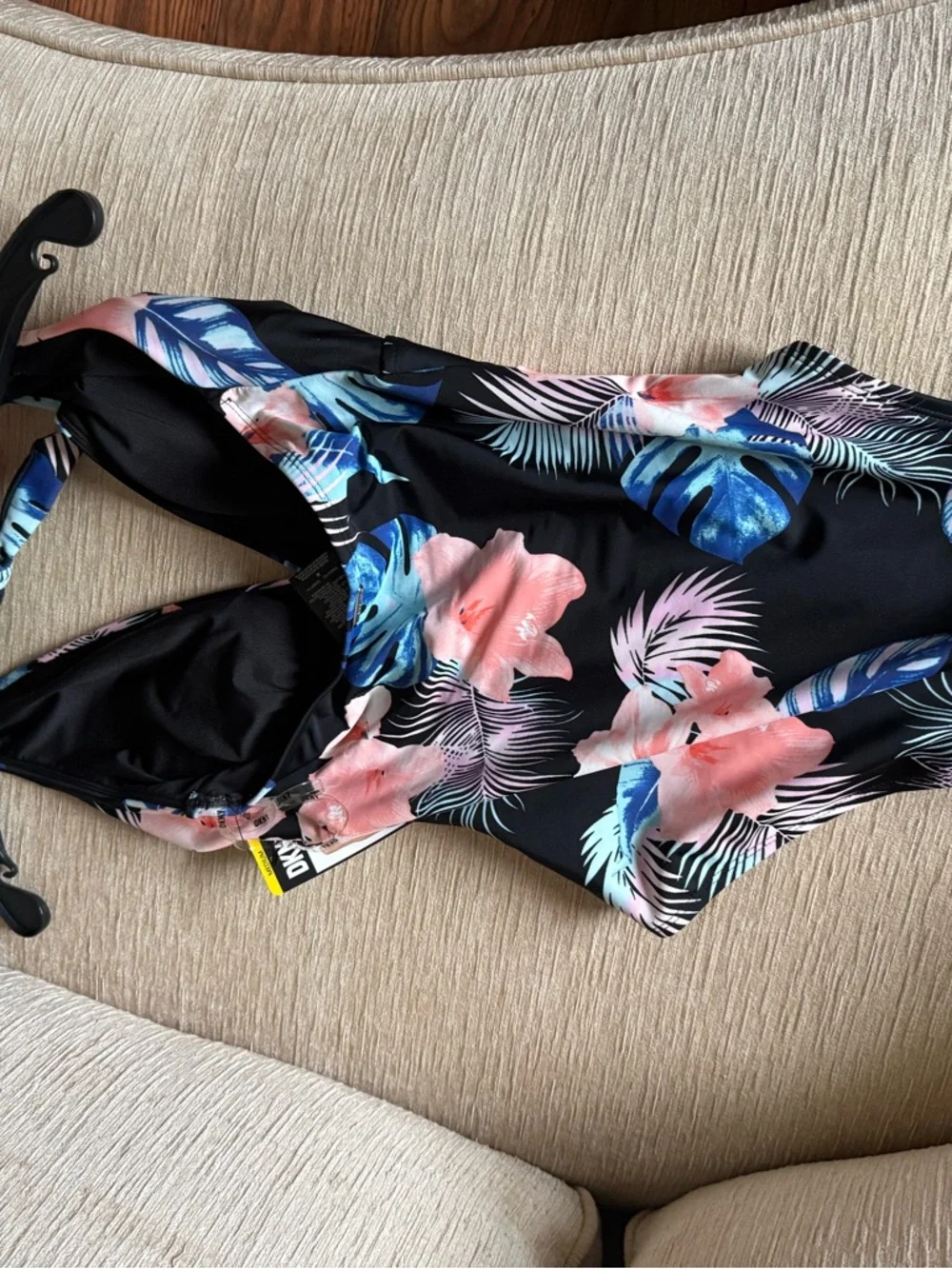 Tropical Print One-Piece Swimsuit in Black with Blue & Coral Leaves by DKNY - Picture 2 of 3